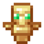 A minecraft totem of undying. It's a small golden statue with green emerald eyes. The face of the statue looks like a minecraft villager. It has small golden wings where the arms are.